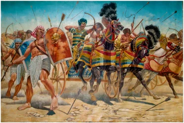 Antigüedad egipcia: representación del faraón Ramsés II (1304-1213 a.C.) con su ejército guiando tanques durante la batalla de Qadesh en 1274 a.C. - El faraón Ramsés II (1303 a.C. ð 1213 a.C.) y su ejército durante la batalla de Kadesh en 1274 a.C. en el a