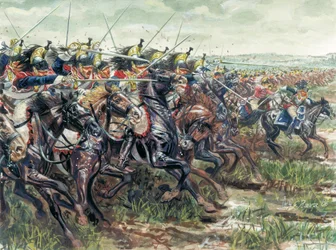 Primer Imperio (1804-1814): la carga de los acorazados del Gran Ejército de Napoleón I cargando - Ilustración de Giuseppe Rava