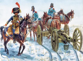 Primer imperio (1804-1814): remolque de la artillería del Gran Ejército en la nieve - Primer imperio: remolque de la artillería del Gran Ejército en la nieve - Ilustración de Giuseppe Rava