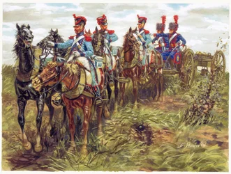 Primer imperio: artillería del Gran ejército en movimiento - Ilustración de Giuseppe Rava