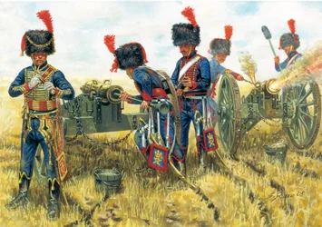 Primer imperio: soldados de la artillería de la Guardia Imperial de Napoleón I en la batalla de Waterloo 18/06/1815 - Primer imperio: soldados de la artillería de la Guardia Imperial de Napoleón I en Waterloo el 18 de junio de 1815 - Ilustración de Giusepp