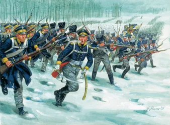 Landwehr (o Landeswehr) de la infantería prusiana sobre nieve
