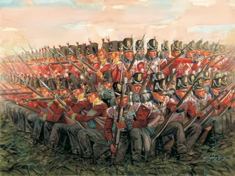 Guerras napoleónicas: soldados ingleses durante la batalla de Waterloo 18 de junio de 1815 Ilustración de Giuseppe Rava