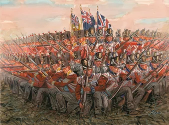 Guerras napoleónicas: soldados ingleses durante la batalla de Waterloo 18 de junio de 1815 Ilustración de Giuseppe Rava
