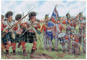 Guerras napoleónicas: soldados escoceses y británicos en la batalla de Waterloo el 18 de junio de 1815 Ilustración de Giuseppe Rava
