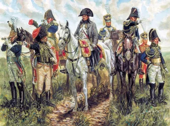 Retrato de Napoleón I (1769-1821) y su Estado Mayor - Retrato del emperador francés Napoleón I y su Estado Mayor - Ilustración de Giuseppe Rava