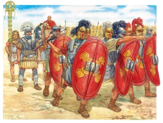 Antigüedad romana (República): un grupo de legionarios romanos - República romana: legionarios romanos - Ilustración de Giuseppe Rava