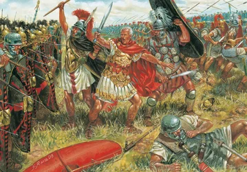 Antigüedad romana: Julio César (100-44 a. C.) gana la batalla de Munda el 17 de marzo de 45 a. C. en el sur de España contra los partidarios de la República - Ilustración