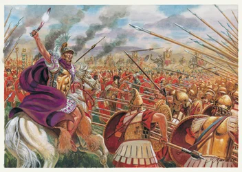 Antigüedad romana: la batalla de Ausculum (279 a. C.) entre el ejército romano dirigido por Publio Decio Mus y las tropas aliadas de Epiro, Tarento, los oscos y los samnitas, bajo el mando del rey de Epiro Pirro I - Batalla de Asculum (279 a. C.) entre