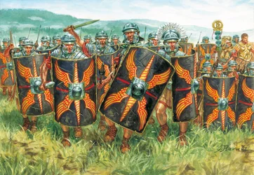 Antigüedad romana (imperio): un grupo de legionarios romanos - Imperio romano: legionarios - Ilustración de Giuseppe Rava