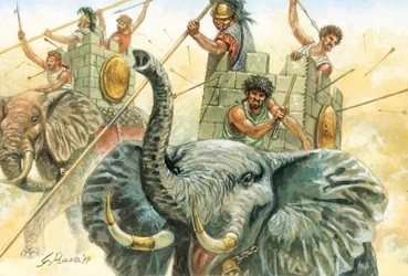 Antigüedad romana: los elefantes de Aníbal - representación de los elefantes que permitieron al general Aníbal (247-183 a.C.) cruzar los Alpes en 218 a.C. durante la segunda guerra púnica Ilustración de Giuseppe Rava