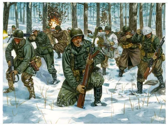 Segunda Guerra Mundial: Ofensiva de la infantería americana durante la Batalla de las Ardenas en Bastogne, diciembre de 1944 - Segunda Guerra Mundial: Ofensiva americana durante la Batalla de las Ardenas, diciembre de 1944 - Ilustración de Giuseppe Rava
