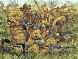 Segunda Guerra Mundial: Asalto de la infantería rusa en uniforme ligero - Segunda Guerra Mundial: soldados rusos en uniforme de verano - Ilustración de Giuseppe Rava