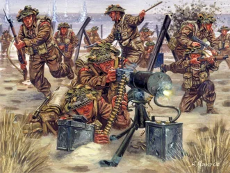 Segunda Guerra Mundial: Desembarco en Normandía en junio de 1944, soldados ingleses - WWII: Desembarco de Normandía, las tropas británicas, 6 de junio de 1944 - Ilustración de Giuseppe Rava