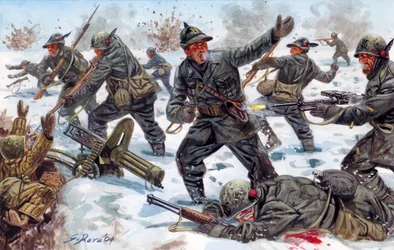 Segunda Guerra Mundial, Frente Ruso: Cazadores alpinos italianos en Rusia en enero de 1943 - Segunda Guerra Mundial, frente ruso: los alpinos italianos en Rusia, enero de 1943 - Ilustración de Giuseppe Rava