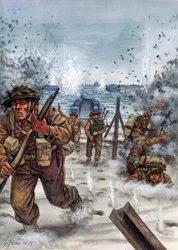 Segunda Guerra Mundial: Soldados escoceses durante el desembarco en Normandía 6/06/1944 - WWII, D day: Soldados escoceses el día del desembarco en Normandía, 6 de junio de 1944 - Ilustración de Giuseppe Rava