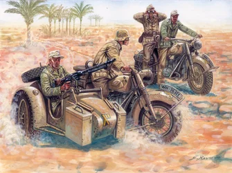 Segunda Guerra Mundial: el Deutsches Afrikakorps (DAK Afrika Korps)) rodando por el desierto libio en sidecares BMW