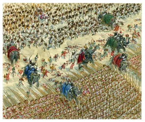 La batalla de Hydaspes Alejandro y Porus luchando en 327 a.C. - Alejandro Magno continúa su conquista hacia el valle del Indo - Alejandro Magno contra el rey Porus durante la batalla de Hydaspes - Ilustración de Giuseppe Rava
