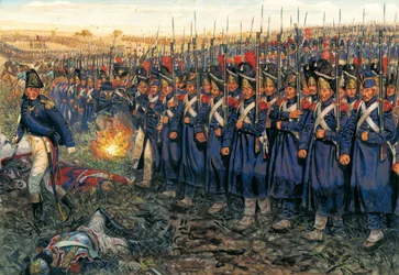 El ataque de la Guardia Media contra el centro de Wellington en la batalla de Waterloo el 18 de junio de 1815 "La Guardia Imperial de Napoleón I (1769-1821) marchando sobre las tropas del Duque de Wellington en la batalla de Waterloo".