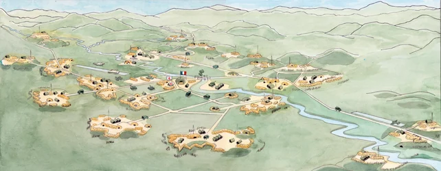Guerra de Indochina: Plano de la batalla de Dien Bien Phu (Dien-Bien-Phu) que enfrentó al ejército francés con el de Vietnam de noviembre de 1953 a mayo de 1954 - Primera guerra de Indochina: plano de la batalla de Dien Bien Phu entre la Expedición Frances