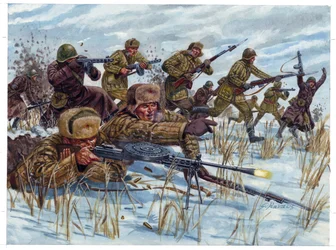Segunda Guerra Mundial: Soldados de infantería rusos avanzando en el campo de batalla - Segunda Guerra Mundial: Soldados de infantería rusos avanzando en el campo de batalla - Ilustración de Giuseppe Rava