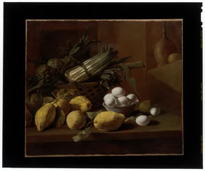 Bodegón de cocina con alcachofas, espárragos, limones y huevos