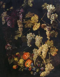Bodegón con uvas, hojas de vid y otras frutas, óleo de Giuseppe Recco (1634-1695)
