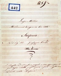 Primera página de la partitura musical de la sinfonía de Luisa Miller, ópera de Giuseppe Verdi