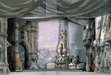 Plaza delante de la Catedral de Valladolid, Acto III, Escena IV, escenografía de Charles Campon para Don Carlos de Giuseppe Verdi (1813-1901), representación en París, teatro de la ópera Salle Le Peletier, 11 de marzo.