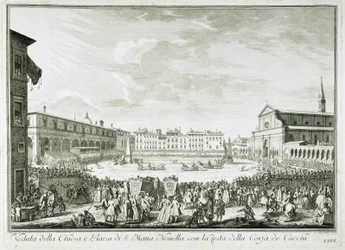 La fiesta de Corsa dei Cocchi en la plaza de Santa Maria Novella. La fiesta de Corsa dei Cocchi plaza de la Iglesia de Santa Maria Novella en Florencia. Dibujo de Giuseppe Zocchi (1711-1767). Florencia, Biblioteca Riccardiana.