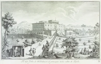 Villa Palmieri en Fiesole, por Giuseppe Zocchi (1711-1767), Vista de las villas y alrededores en Toscana, Italia