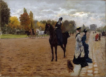 La amazona Cavaliere hablando con caminantes en la Avenida Foch en París