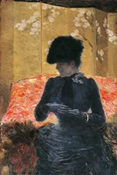 Mujer en sofá rojo