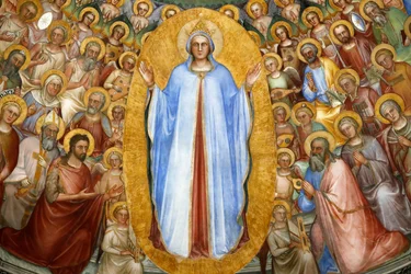 Baptisterio de Padua. Frescos del techo, siglo XIV, de Giusto de Menabuoi. El Paraíso. Virgen María con patriarcas, profetas y santos. Detalle. Padua. Italia. (foto)