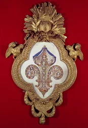 La Flor de Francia, árbol genealógico con trece retratos de Luis XV (1710-74) y sus descendientes en un marco con forma de flor de lis, 1765 (oro y esmalte)