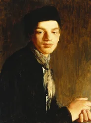 Un joven, de medio cuerpo, con sombrero negro y pañuelo al cuello, c. 1911