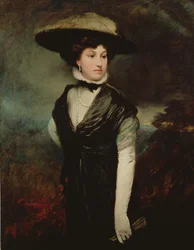 Retrato de Amy Bird, la actriz, de pie en figura de tres cuartos, vestida de negro, con un paisaje al fondo, hacia 1909