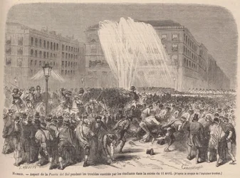 Aspecto de la Puerta del Sol durante los disturbios estudiantiles de la noche del 11 de abril.