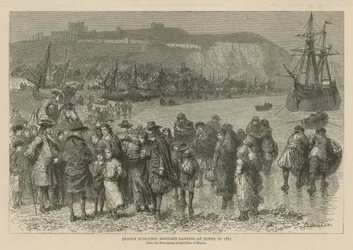 Los hugonotes en Inglaterra: Refugiados hugonotes franceses desembarcando en Dover en 1685 (grabado)