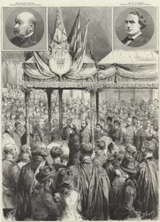 La Reina coloca la primera piedra de la nueva sala de reconocimiento médico en el Victoria Embankment (grabado)