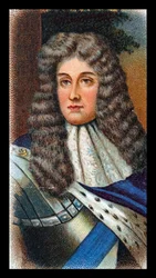 JAMES II (1633-1701) rey de Gran Bretaña e Irlanda 1685-88;huyó a Francia después de que Guillermo de Orange (Guillermo III) desembarcara en Torbay. Tarjeta cromolitográfica según retrato de Godfrey Kneller