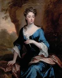 Retrato de Elizabeth Skipwith, Lady Craven, de tres cuartos de longitud, con un vestido azul y un chal rojo, un paisaje de río boscoso al fondo, 1704