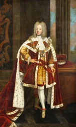 Retrato del Rey Jorge II Cuando Príncipe de Gales, de Cuerpo Entero, Vestido con Túnicas Estatales y el Collar de la Orden de la Jarretera, Sosteniendo su Espada en la Mano Izquierda y su Corona en una Mesa a su Lado, en un Interior