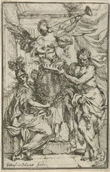 Minerva, Hércules y Fama con escudo de armas