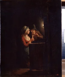 Un hombre y una mujer a la luz de las velas. Pintura de Godfried Cornelisz Schalcken (1643-1706). Óleo sobre lienzo, 31 x 25 cm. Arte holandés, arte barroco. Museo Estatal al Aire Libre Palace Gatchina, San Petersburgo.