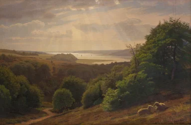 Vista desde Vesterskov en Mariager; al fondo el fiordo