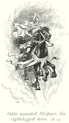 Odín montó a Sleipner, su caballo de ocho patas (litografía)