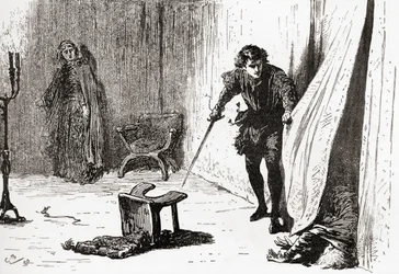 Una escena de la obra de William Shakespeare Hamlet, Acto III, Escena 4, Hamlet: ¡Desdichado, imprudente, intruso tonto, adiós! Te tomé por alguien mejor, de Las Obras de William Shakespeare, publicado 1896
