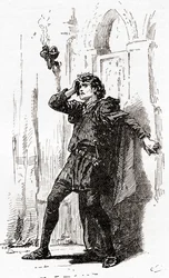 Una escena de la obra de William Shakespeare Hamlet, Acto I, Escena 5, Hamlet: ¡Recuérdame! Sí, pobre fantasma, mientras la memoria tenga un asiento en este globo distraído, de Las Obras de William Shakespeare, publicado 1896