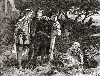 Una escena de la obra Hamlet de William Shakespeare, acto V, escena 1: Hamlet: «Lo conozco, Horacio, un hombre de ingenio infinito y de imaginación excelente», de Las obras de William Shakespeare, publicado en 1896